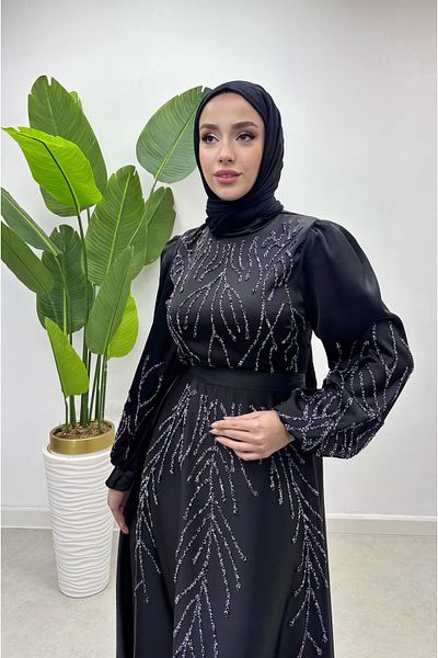 Tesettür Diyarı Black Hijab Evening Dress - Women'S, Cushioned and Embroidered