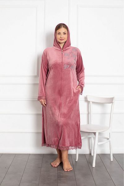 Lady Lingerie Φόρεμα μάξι μεγάλου μεγέθους βελούδινο ροζ με κουκούλα με φερμουάρ
