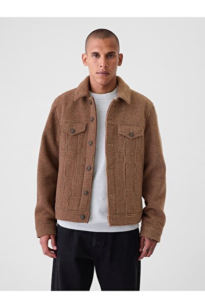 GAP Erkek Kahverengi Yün Houndstooth Trucker Ceket