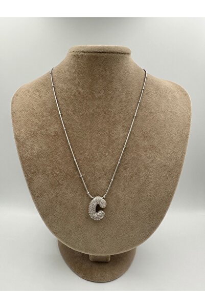 simplicist Taşlı Balon Harf Çelik Kolye C Harfi 45-5 Cm