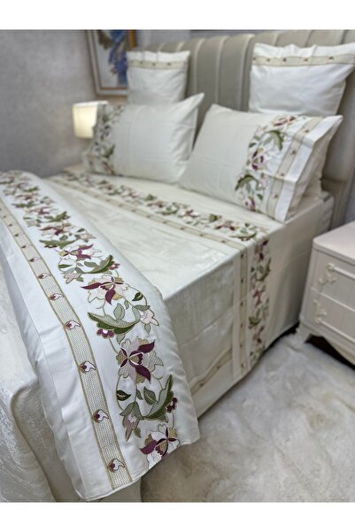 incisecrethome 100% Cotton Satin Embroidered Bedspread Set - Double Size -/ 7 Pieces / Elegant Dowry Set.