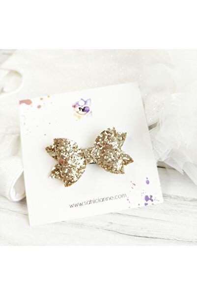 Sahici Anne Açık Gold Glittery Fiyonk Saçsız Bebek Tokası, 6cm