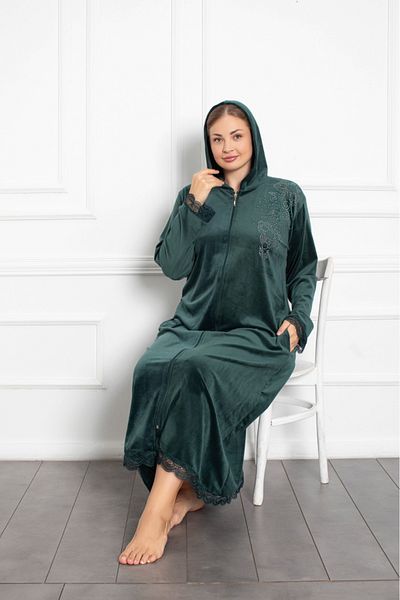 Lady Lingerie Φόρεμα μάξι μεγάλου μεγέθους βελούδινο πράσινο με κουκούλα με φερμουάρ