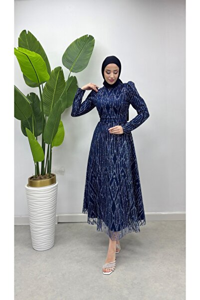 Tesettür Diyarı Rochie de seară Ayla brodată pentru femei - Albastru închis