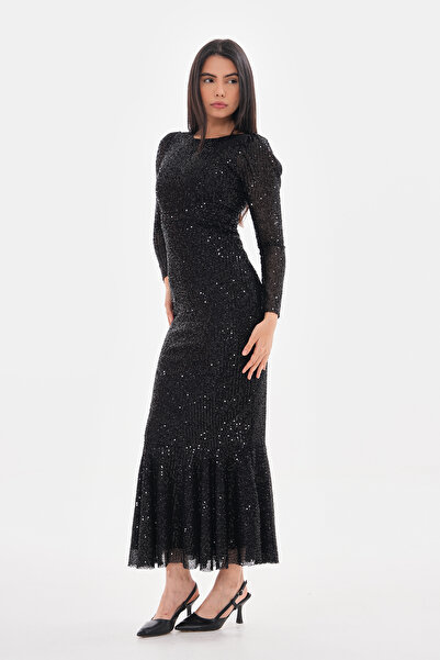 migi life PUL PAYET KUMAŞ ETEK UCU VOLANLI ŞIK BALIK ELBİSE