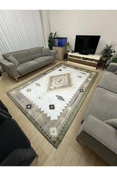 ALLGELSİN 6m2 Meter Square Washable Carpet Cover - 200x300cm, Elastic Bottom, Modern Striped