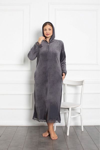 Lady Lingerie Φόρεμα μάξι μεγάλου μεγέθους βελούδινο γκρι με κουκούλα με φερμουάρ