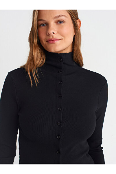 Dilvin 31440 Düğme Detaylı Dik Yaka Top-Siyah