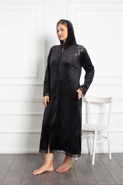 Lady Lingerie Φόρεμα μάξι μεγάλου μεγέθους βελούδινο μαύρο με κουκούλα με φερμουάρ