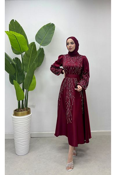 Tesettür Diyarı Burgundy Hijab Evening Dress - Women'S, Cushioned and Embroidered