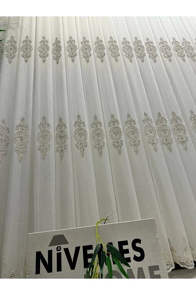 NİVEMESHOME Nivemeshome Dila 2032 Gold Detailed 1/3 Tight Pleated Tulle Curtain Apm
