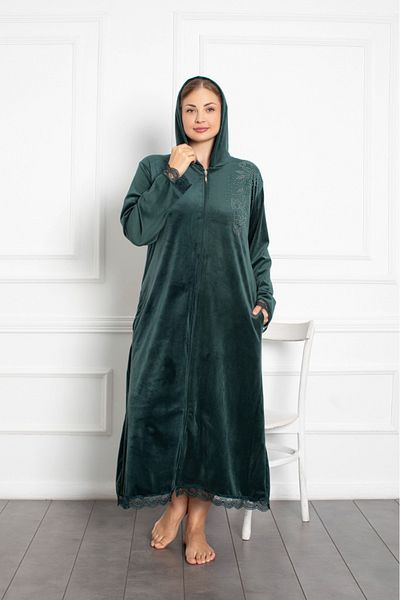 Lady Lingerie Φόρεμα μάξι μεγάλου μεγέθους βελούδινο πράσινο με κουκούλα με φερμουάρ