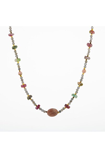 OSMANLI DOĞAL TAŞ Labradorit-renkli Turmalin-güneş Taşı-pembe Opal Doğal Taş Kolye