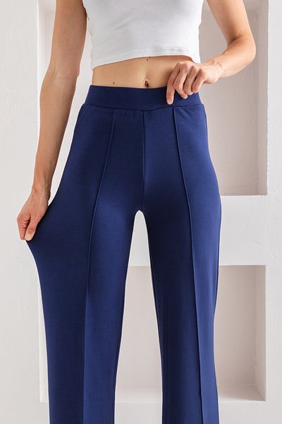 CNRCollection Navy Blue High Waist Ribbed Recovery Modal Leggings - Wide Fit Wide Leg Women's Trousers