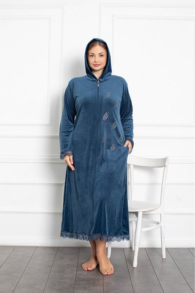 Lady Lingerie Φόρεμα μάξι μεγάλου μεγέθους βελούδινο μπλε με κουκούλα με φερμουάρ