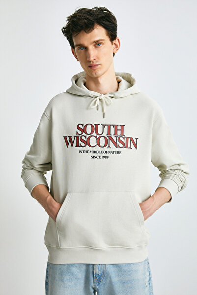 GRIMELANGE Ανδρικό φούτερ GAREN Soft Inside Fleece με στάμπα κανονικό κορδόνι ανοιχτό γκρι φούτερ