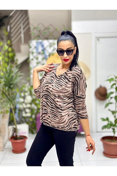Punta Otantik Nc22886 Mink Zebra Print Knitwear Blouse