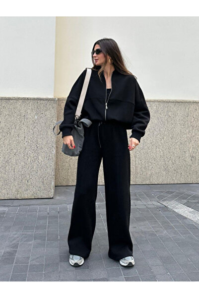 My Blog Női fekete elülső cipzáras prémium tréningruha szett - 8606