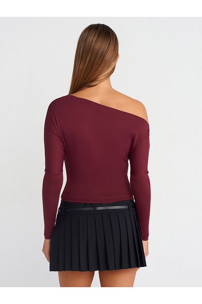 Dilvin 31438 Long Sleeve Asymmetric T-Shirt-Claret Red