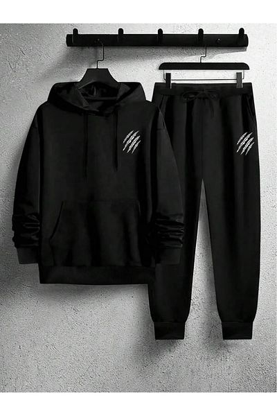 Elfa Tekstil Мъжки суичър с качулка Oversize - еластичен, с щампа на Beast, черен