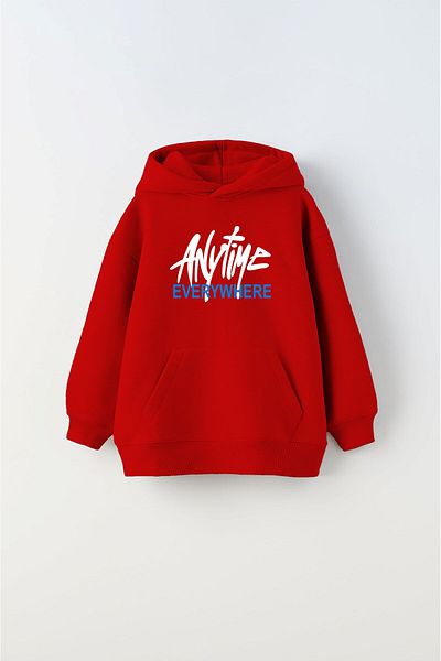 The Champ Clothing Червен унисекс детски суитшърт с качулка, поларен щампа "Any Time Everywhere"