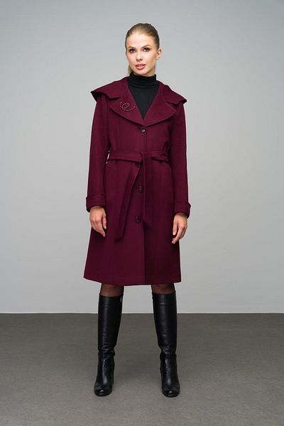 Olcay Claret Red Cashmere Coat - Hooded and Brooch Detailed 3049