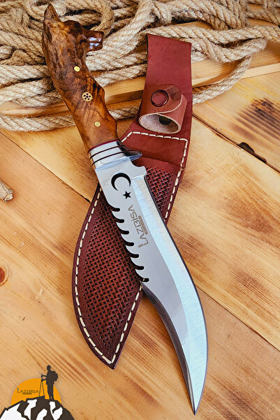 LAZBİSA Ceviz Işlemeli Sap Outdoor Kamp Bıçağı Çakısı Kılıflı Piknik Bıçak Ça...