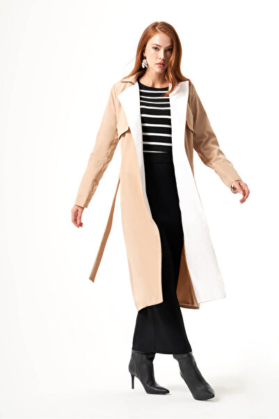 Mizalle Yaka Garnili Bej-Taş Trençkot