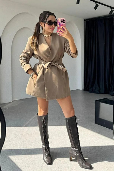 My Blog Khaki elegantní bunda s páskem - 7308