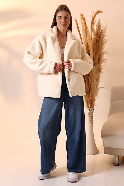 DİVİSTA Women's Ecru Color Buttoned Plush Coat
