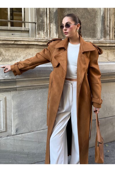 Laluvia Tan Belted Design Suede Trench Coat - 1170002
