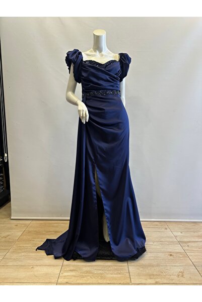 Regard İşlemeli Saten Balon Kol Büyük Beden Abiye Elbise