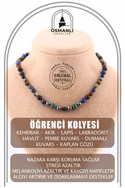 OSMANLI DOĞAL TAŞ Öğrenci Kolyesi (KEHRİBAR, AKİK,LAPİS,LABRADORİT,HAVLİT,PEMBE KUVARS,DUMANLI KUVARS,KAPLAN GÖZÜ)