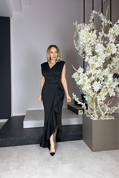 gesmoda G0964 Volan Detaylı Abiye Elbise Siyah