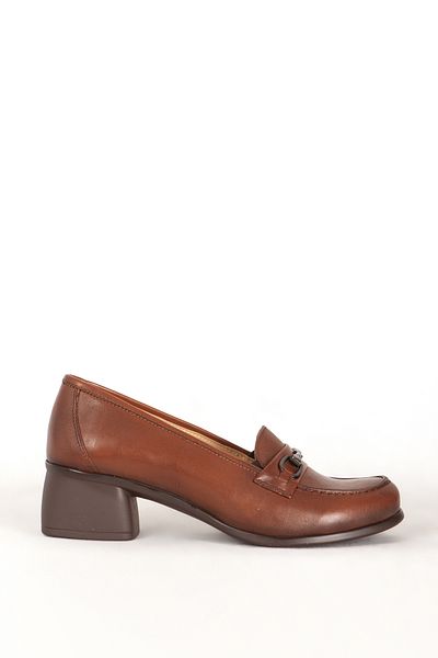 Dericlub Women's Thick Heeled Shoes with Real Leather Buckle - Br 44259 Tan