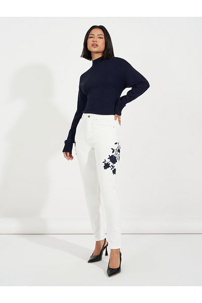 Styli High Rise Tapered Mom Fit Jeans with Embroidery Detail