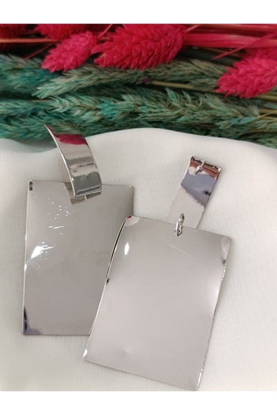 İPAR AKSESUAR Big Rectangular Metal Silver Earring