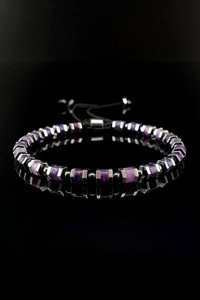 Seven Art Jewelry Amethyst, Hematite Stones Slim Natural Stone Macrame Bracelet, Adjustable