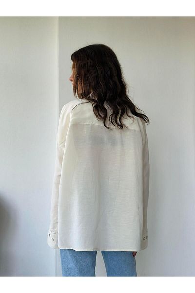 Retrobird Oversize Women's Shirt - Mother of Pearl Button, Cream Color