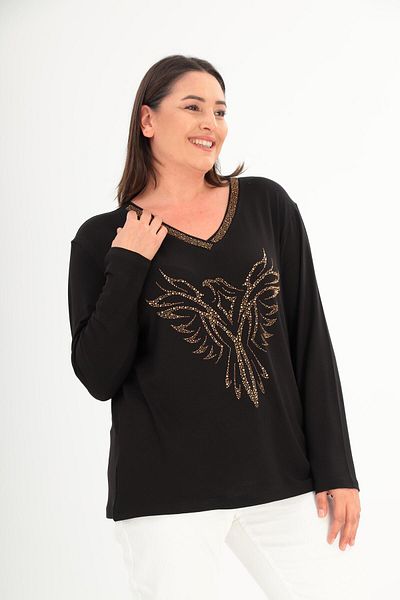 Ebsumu Γυναικεία μπλούζα με φιγούρα Eagle Plus Size με πέτρινη λεπτομέρεια με λαιμόκοψη σε μαύρο και κίτρινο χρώμα - Κομψότητα και άνεση σε ένα
