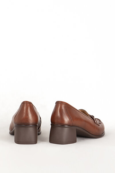 Dericlub Women's Thick Heeled Shoes with Real Leather Buckle - Br 44259 Tan