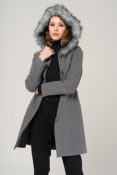 Olcay Palton cu glugă cu blană GRI 3986