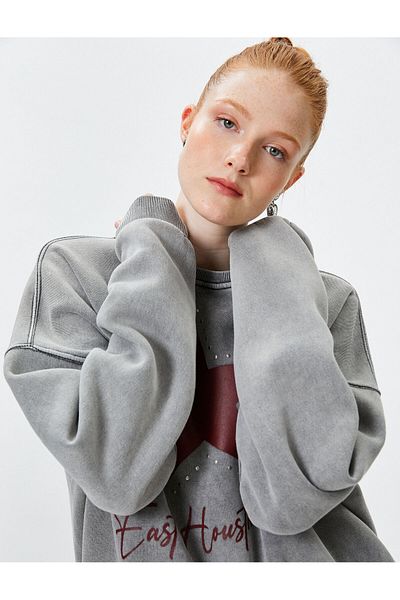 Koton Faded Effect Oversize Sweatshirt with Rose Gold Long Sleeve Crew Neck Printed