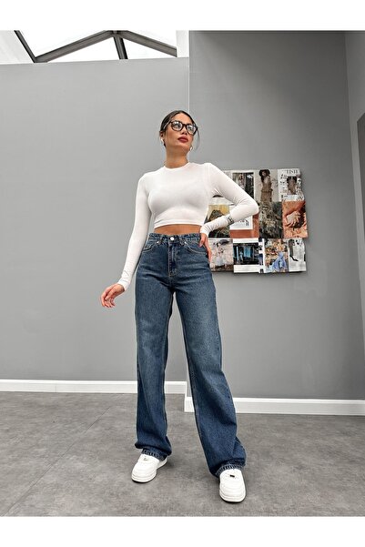 ESRAHELVACI Blue Yıkamalı Straight Orj Jean Pantolon