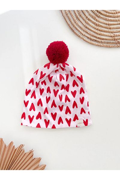 chipiques Red Hearts Pompom Thin Combed Cotton Beret