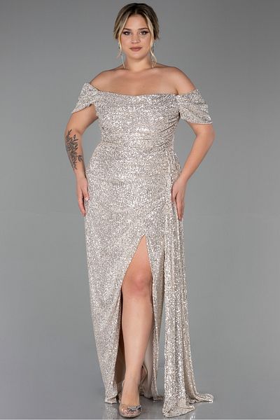 Abiyefon Plus Size Mink Sequined Boat Neck Evening Dress - Abu2973