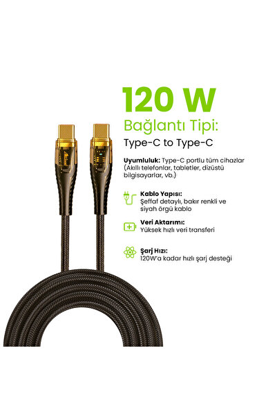 ALLİSON Allison 120W Hızlı Şarj Type-C to Type-C Kablo - Şeffaf ve Siyah Örgü