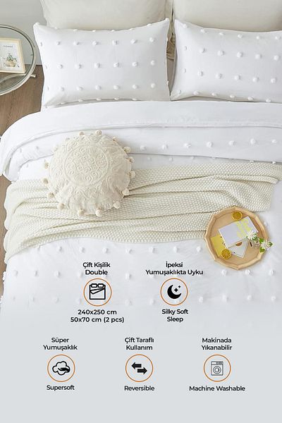 Evlen Home Collection مفرش سرير قطني منقوش من إيمي - طقم بوهو مزدوج مع تفاصيل توتنهام، أبيض كريمي