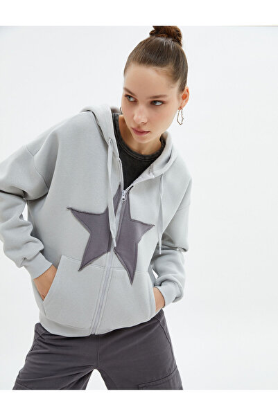 Koton Hanorac oversize cu glugă, cu fermoar, bumbac cu aplicații de stea de a...