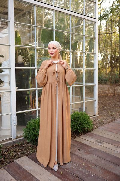 Nissra Beige Waist Gathered 3 Piece Hijab Kimono Ankanoor Anka 258024